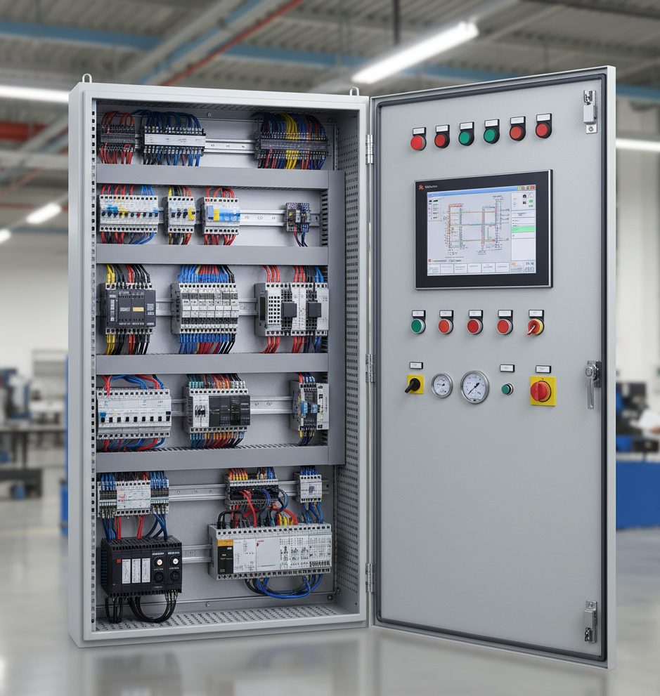 Open control panel showing DIN-rail components, breakers, and terminal wiring