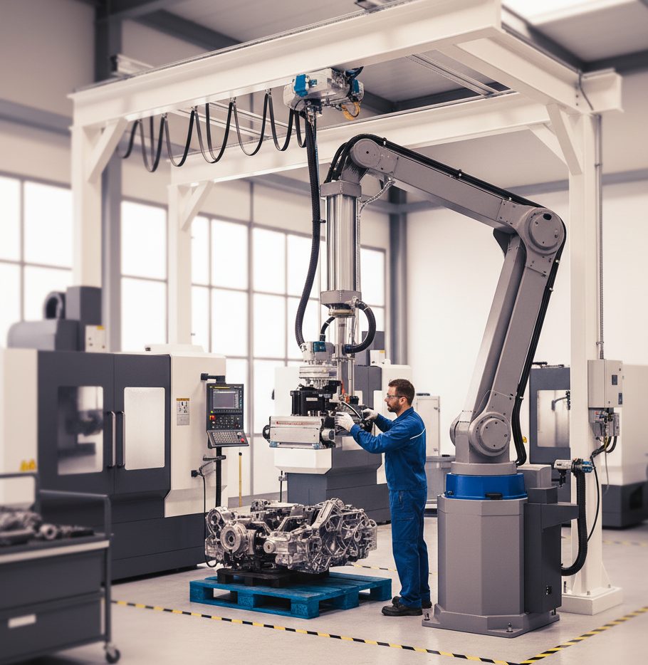 Industrial manipulator positioning a heavy component at a CNC machining workstation