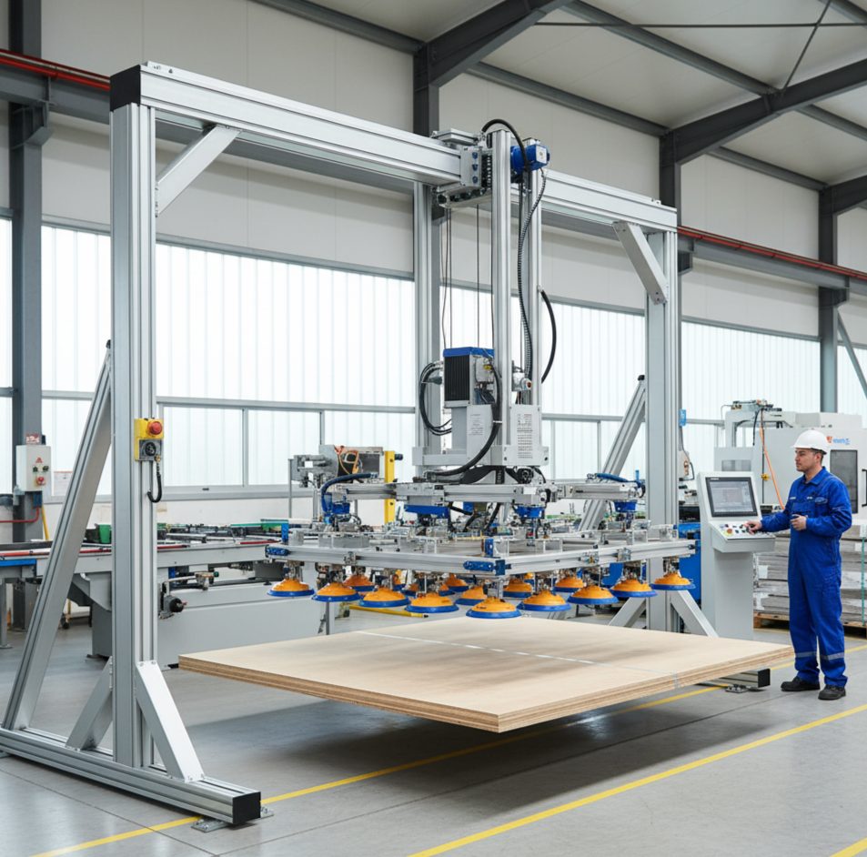Vacuum gantry lifting a large panel on an automated material-handling line