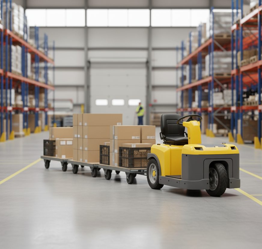 Electric tow tractor pulling loaded trailers through a warehouse aisle