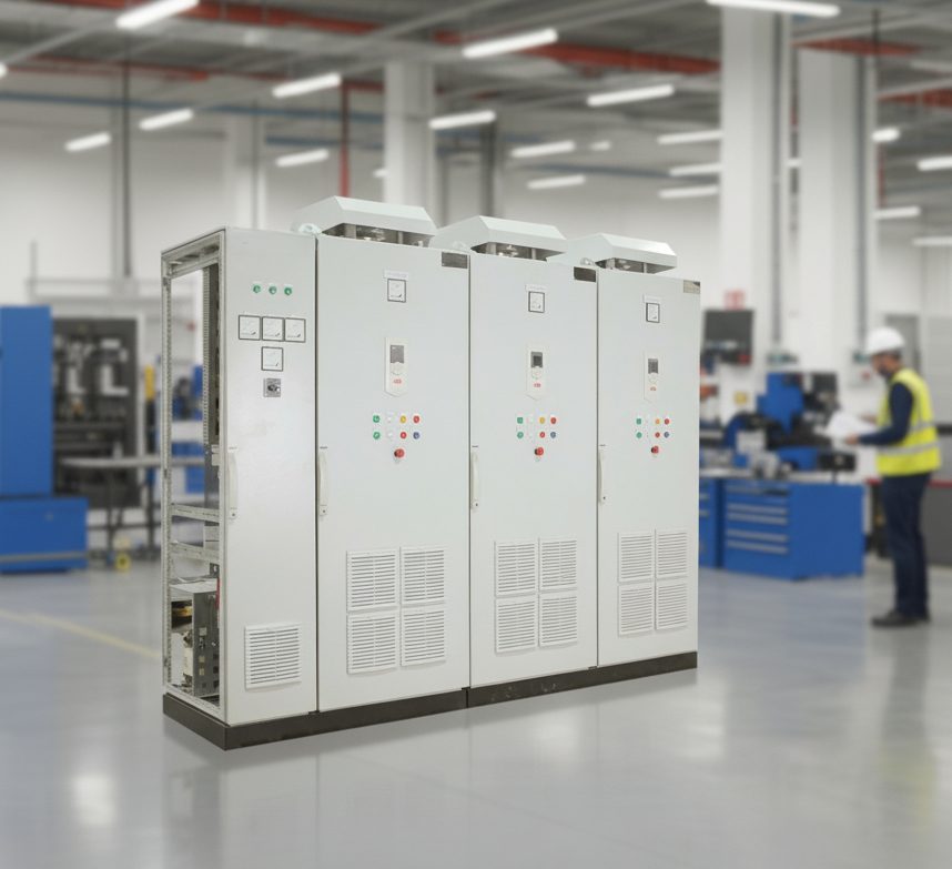 Lineup of low-voltage switchgear and drive cabinets on a factory floor